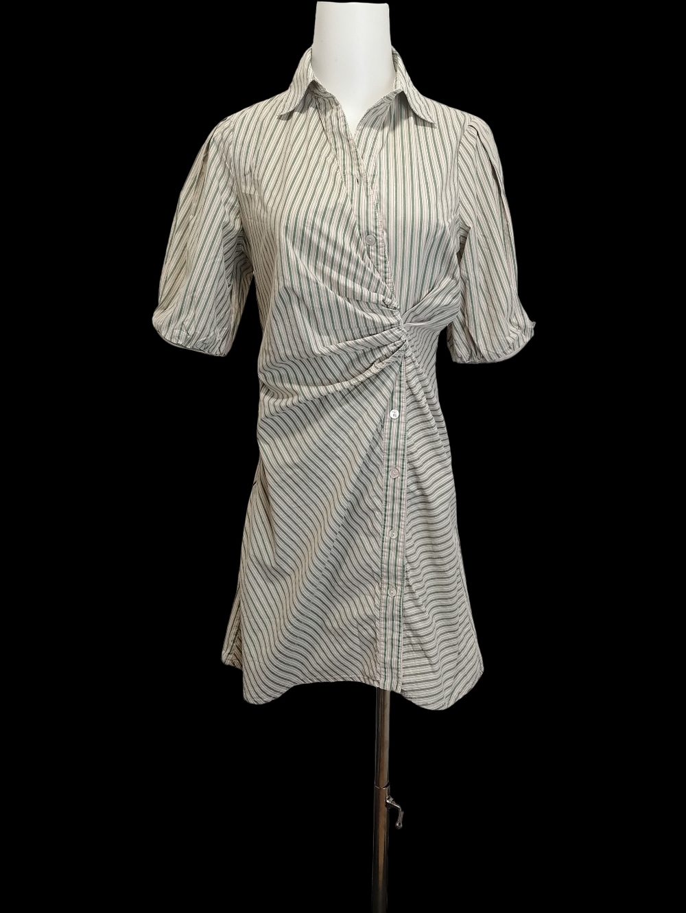 🌱🌱Striped Cream and Green Twist-Front Shirt Dress